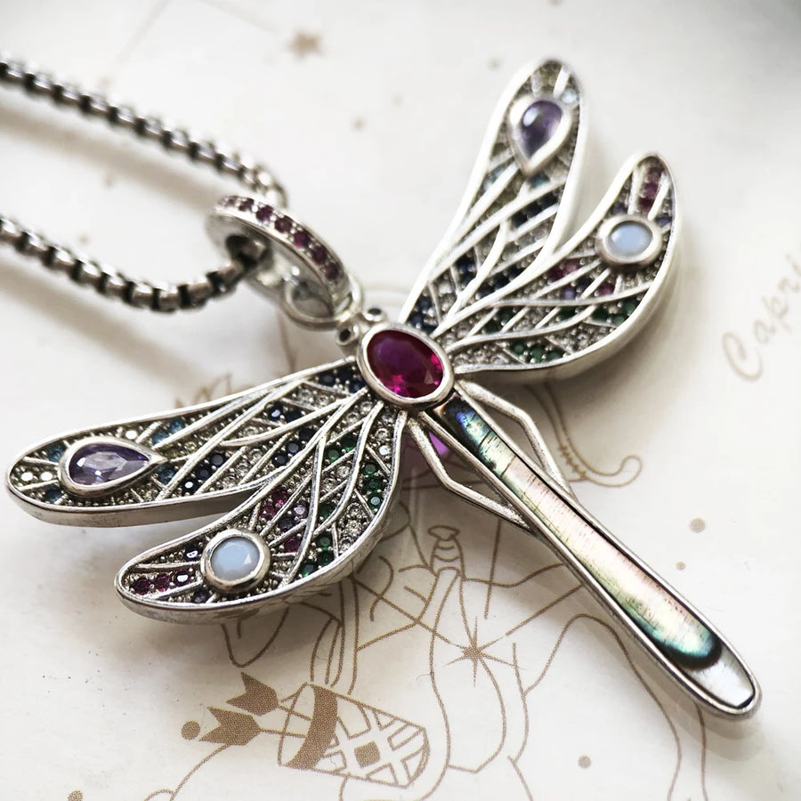 Womens Large Sterling Silver Dragon Fly Necklace