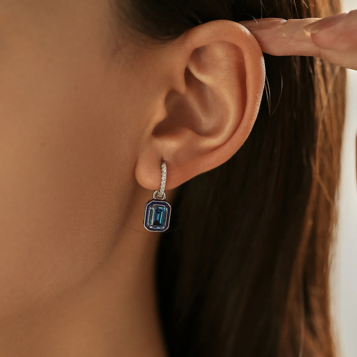 Sterling Silver Crystal Hoop Square Emerald Cut Drop Earrings