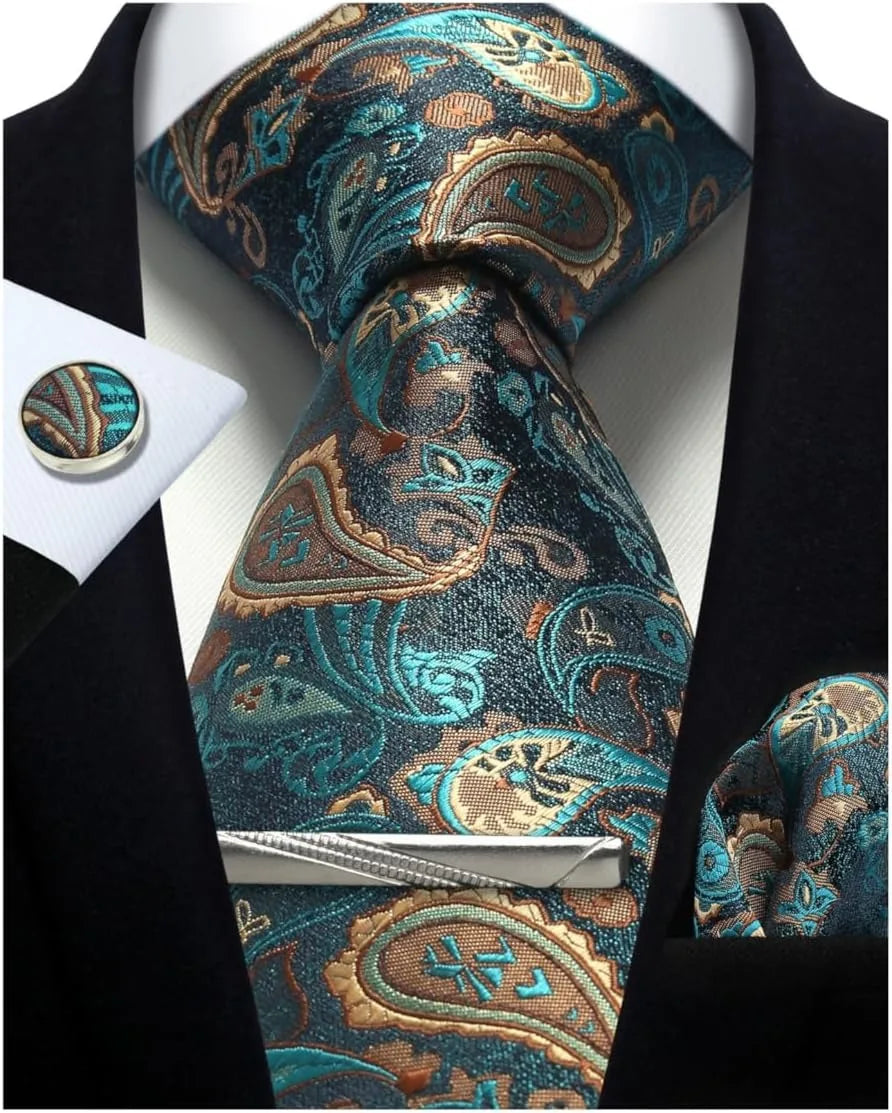 Men's Paisley Floral Silk Pattern Neck Tie Giftbox Set (Tie, Cufflinks, Tie Clip & Handkerchief)