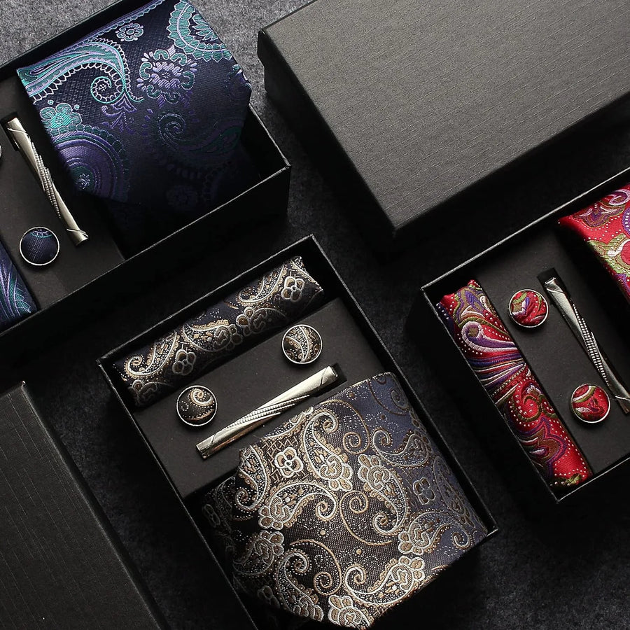 Men's Paisley Floral Silk Pattern Neck Tie Giftbox Set (Tie, Cufflinks, Tie Clip & Handkerchief)