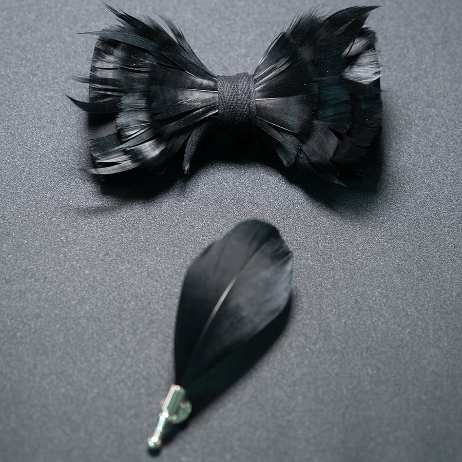 Men's Feather Bow Tie & Brooch Set 'The Formal Collection'