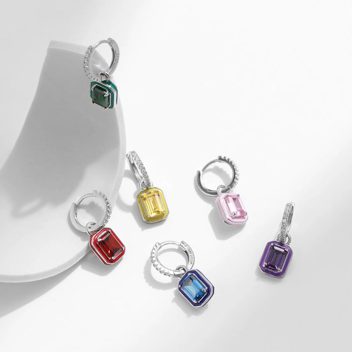 Sterling Silver Crystal Hoop Square Emerald Cut Drop Earrings