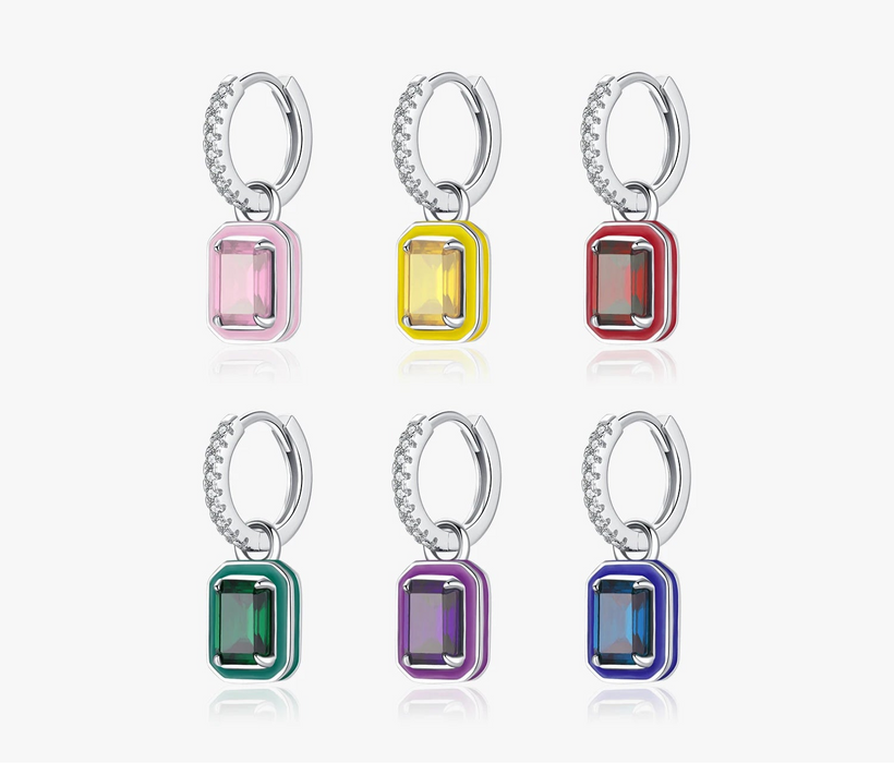 Sterling Silver Crystal Hoop Square Emerald Cut Drop Earrings