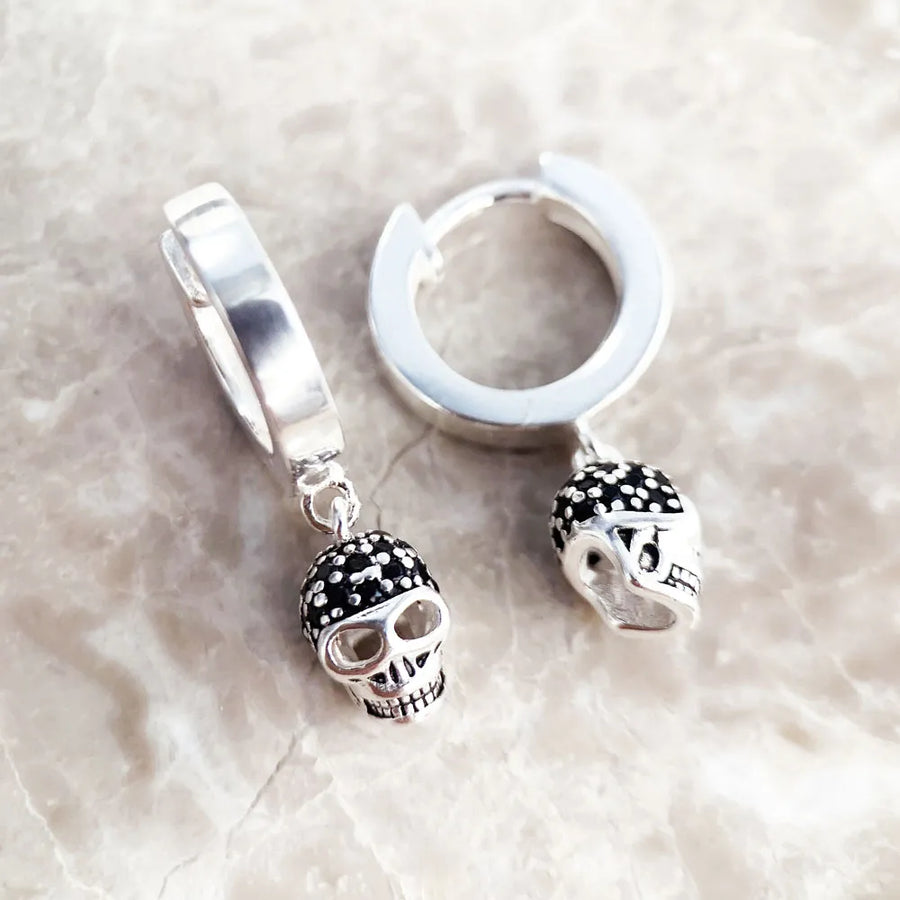 Sterling Silver Black Crystal Skull Hoop earrings
