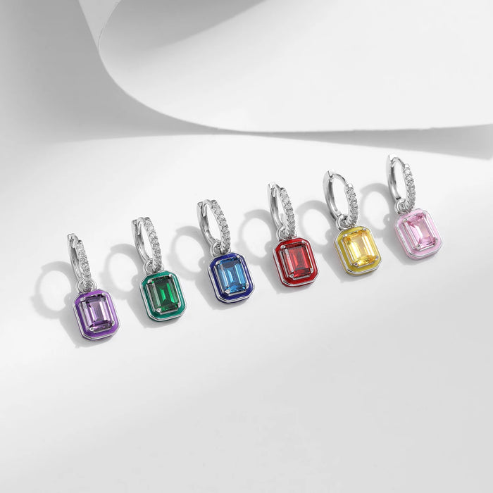 Sterling Silver Crystal Hoop Square Emerald Cut Drop Earrings