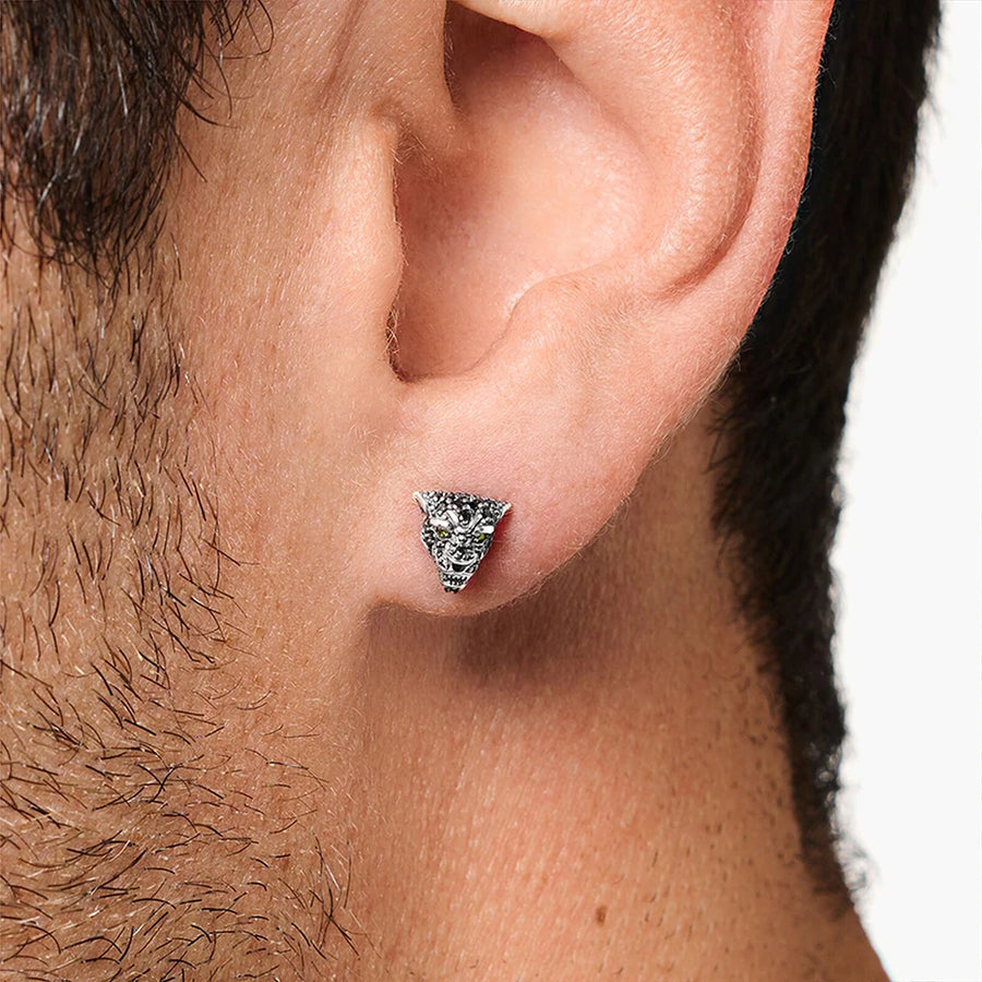 Sterling Silver Jaguar Black Panther CZ Stud Earrings