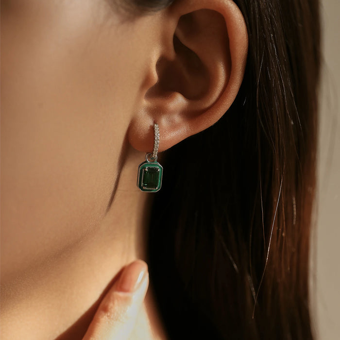 Sterling Silver Crystal Hoop Square Emerald Cut Drop Earrings