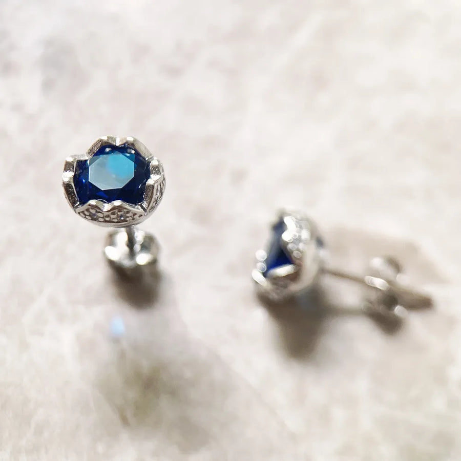 Sterling Silver Blue Sapphire Lotus Flower Stud Earrings