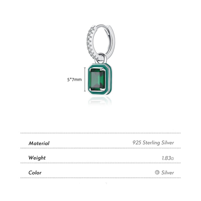 Sterling Silver Crystal Hoop Square Emerald Cut Drop Earrings