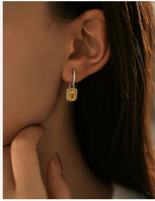 Sterling Silver Crystal Hoop Square Emerald Cut Drop Earrings