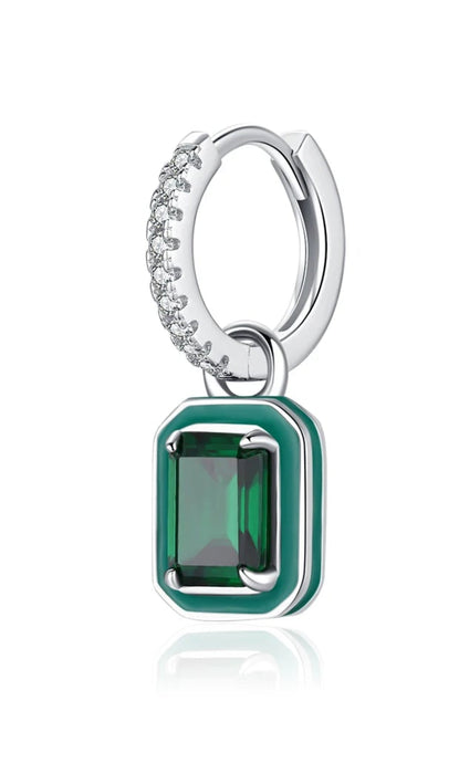 Sterling Silver Crystal Hoop Square Emerald Cut Drop Earrings