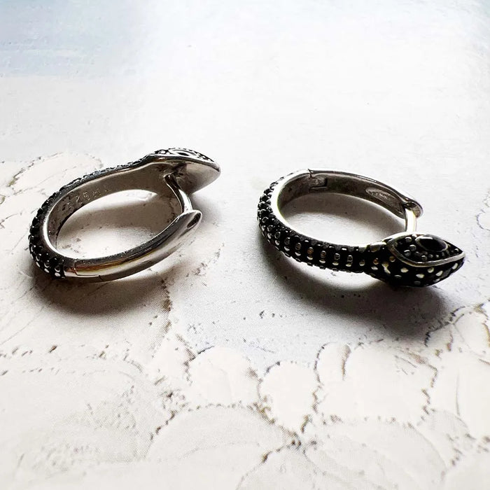 Venom Black Crystal Snake Hoop Earrings – 925 Sterling Silver