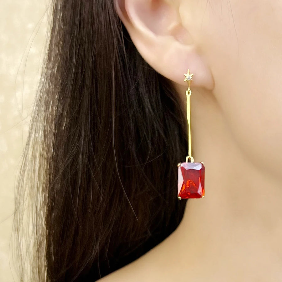 Sterling Silver Gold Star Red Stone Drop Earrings