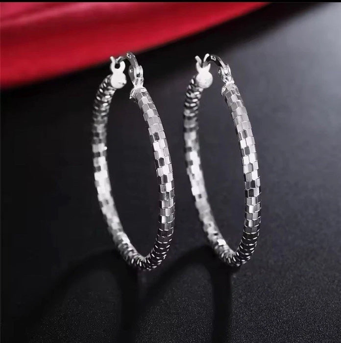 Sterling Silver 40mm Diamond Cut Large Sleeper Hoop Earrings