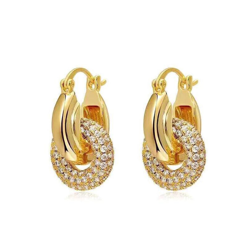9ct Gold Vermeil CZ Crystal Double Hoop Drop Earrings