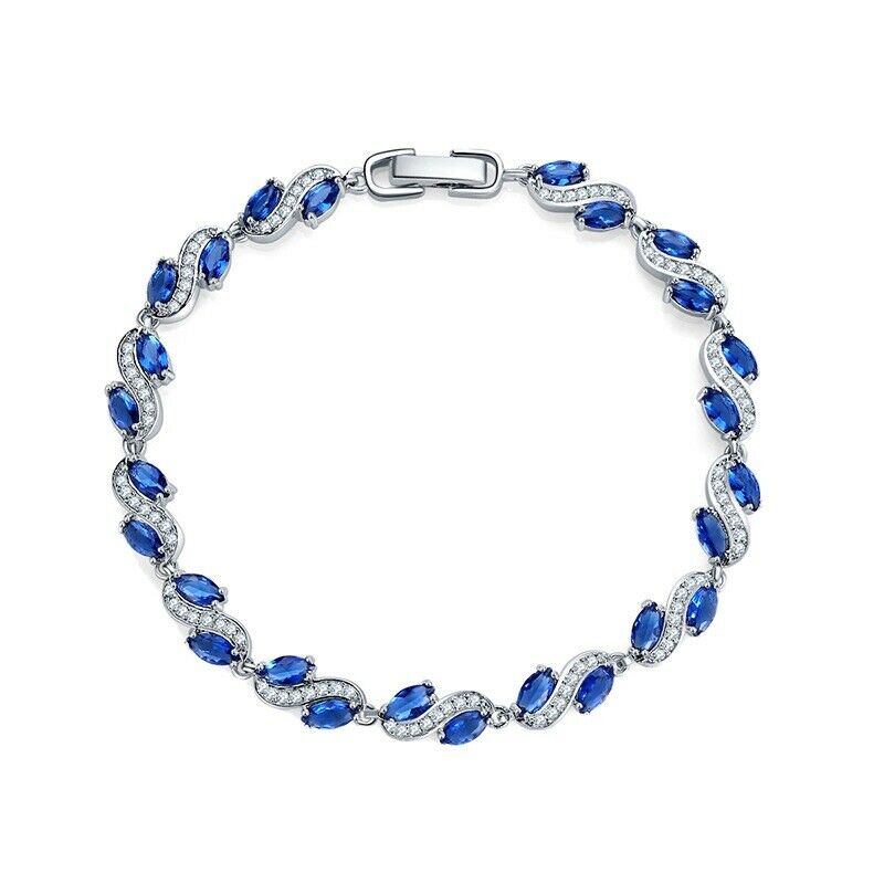Blue Sapphire & White Topaz Overlay 925 Tennis bracelet