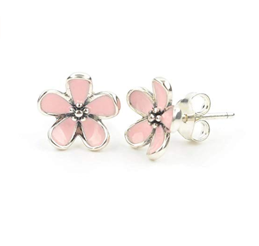 Sterling Silver Cupped Flower Pink Cherry Blossom Cascade Stud Earrings