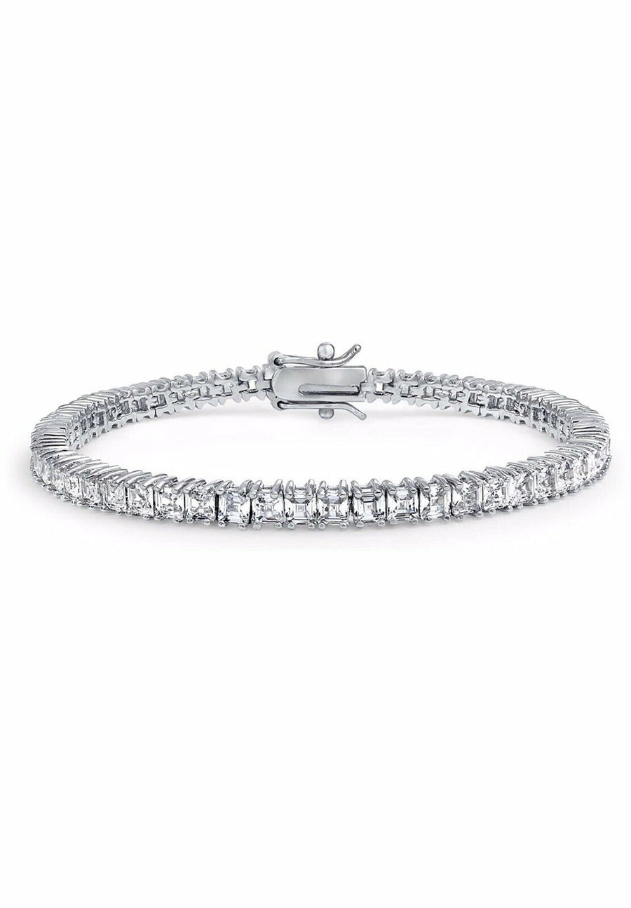 White gold plated over sterling silver square cut cubic zirconia tennis bracelet