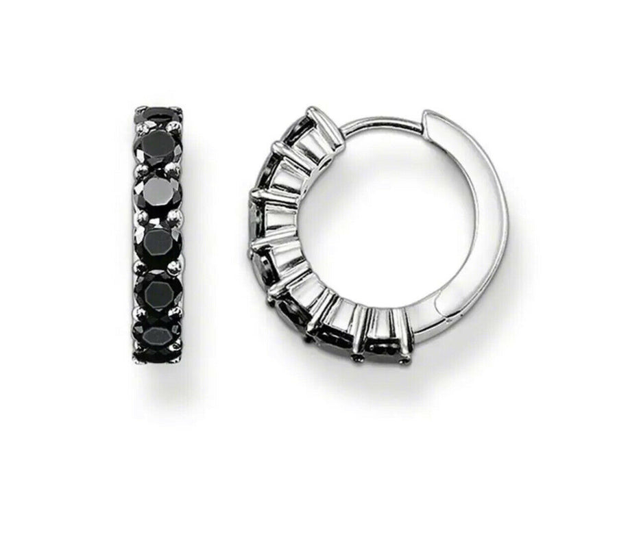 Black Cubic Zirconia Sterling Silver Huggie Hoop Earrings