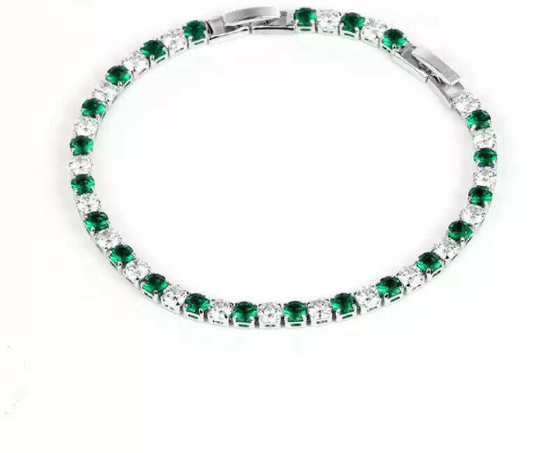 Green Emerald and White Topaz Gemstone Sterling Silver Tennis Bracelet