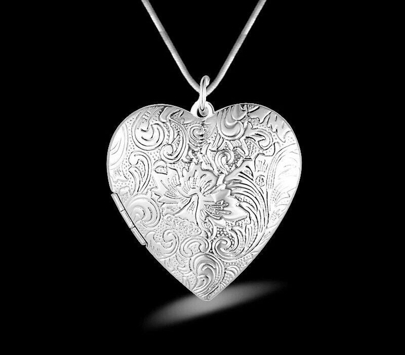 Solid 925 Sterling Silver Vintage Love Heart Memory Locket Necklace