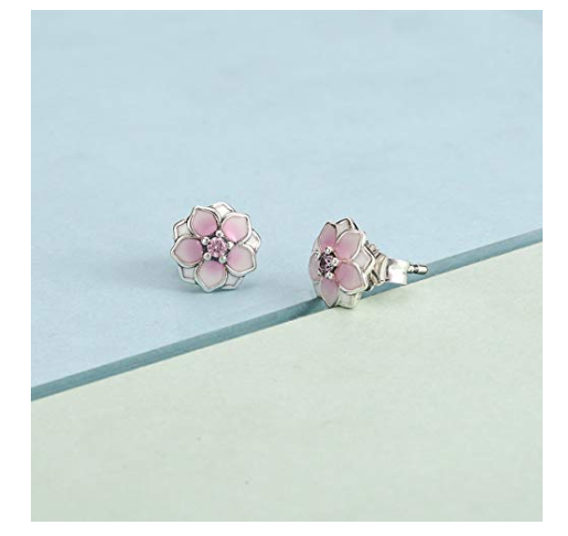 925 silver Pink Magnolia Floral Stud Earrings, Flower