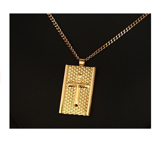 Stainless Steel Gold Dog Tag Cross Pendant Necklace