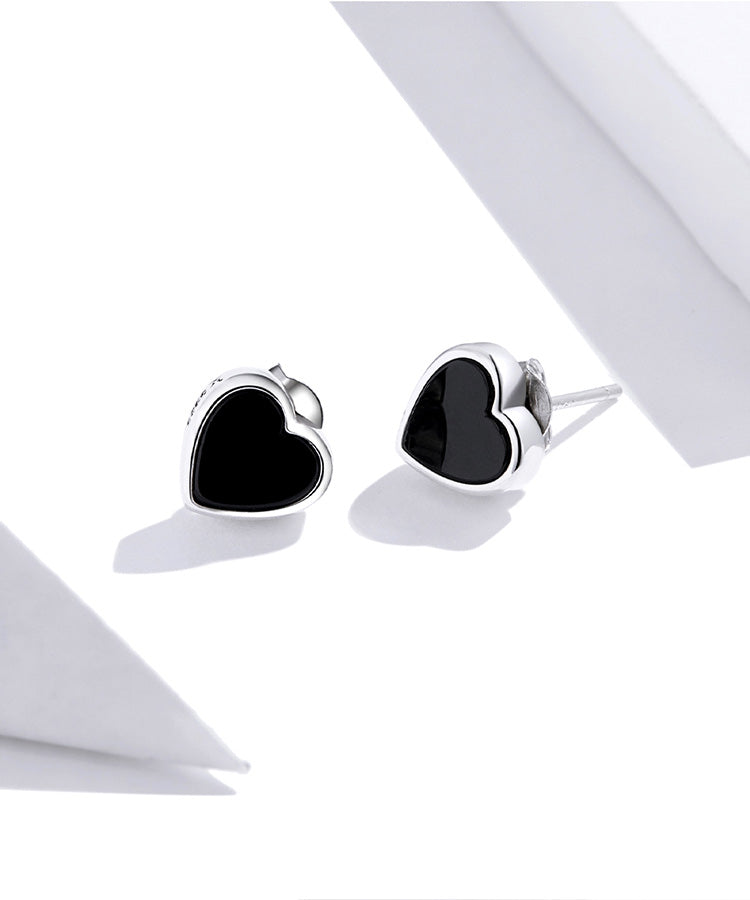 925 Sterling Silver Black Onyx Heart Stud Earrings