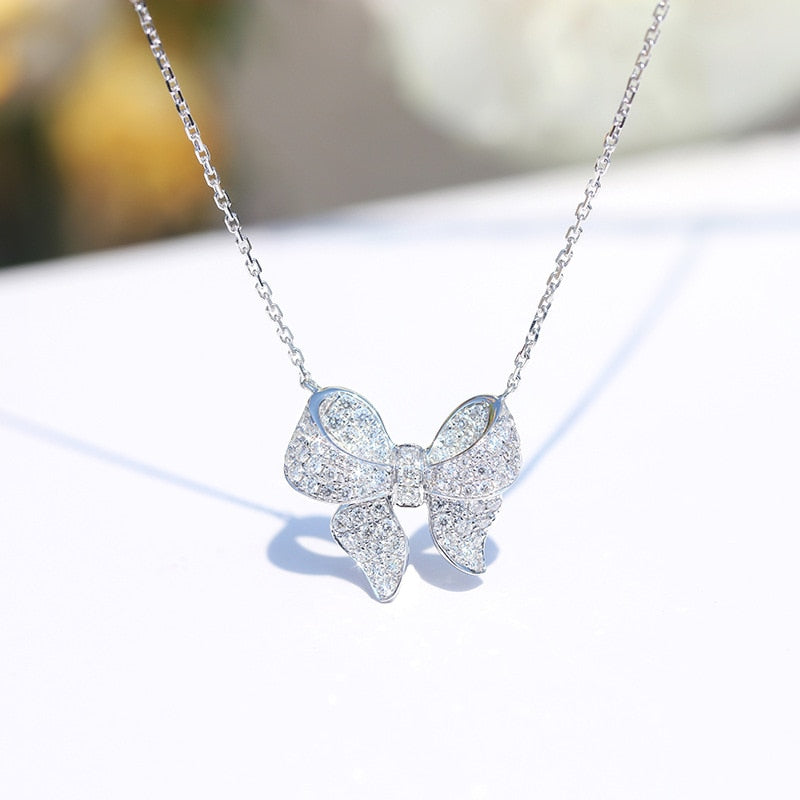 Sterling Silver Crystal Bow Necklace