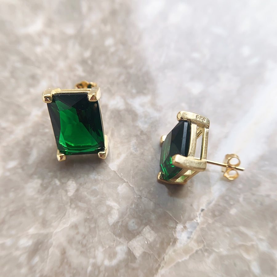 925 Sterling Silver 9ct Gold Plated Emerald Rectangle Stud Earrings