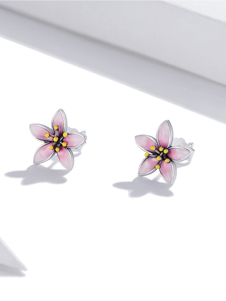 Sterling Silver Pink Lily Flower Stud Earrings