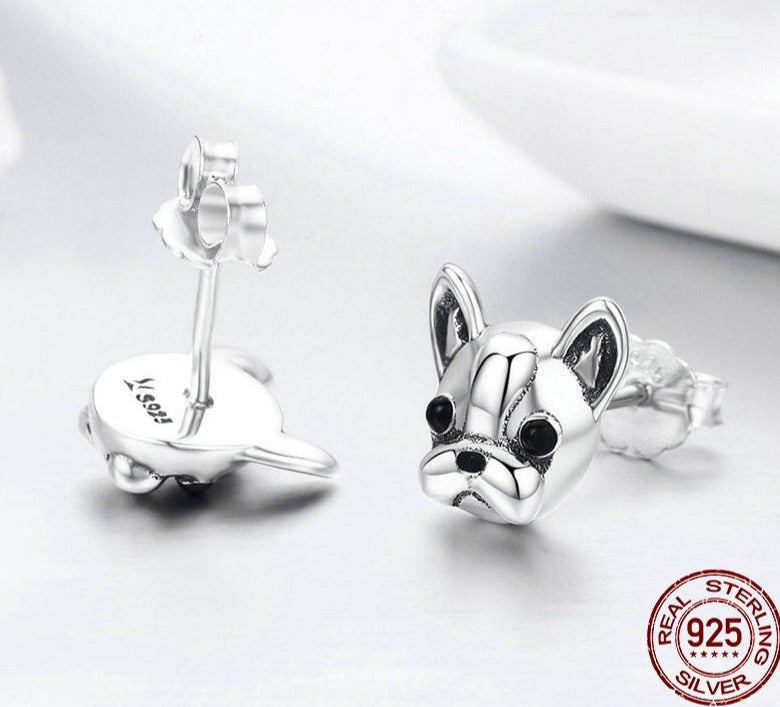 925 Sterling Silver French Bulldog Stud Dog Earrings