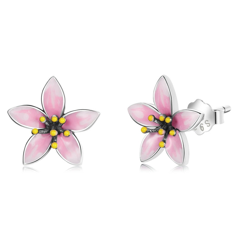 Sterling Silver Pink Lily Flower Stud Earrings