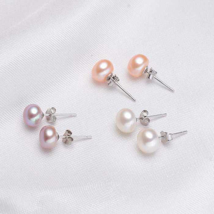 Freshwater Pearl Stud Earrings 925 Sterling Silver - 3 Colours 7-8mm