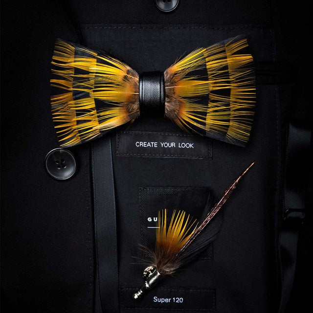 Men's Bow Tie & Bird Feather Brooch Set 'Gift Box Collection'