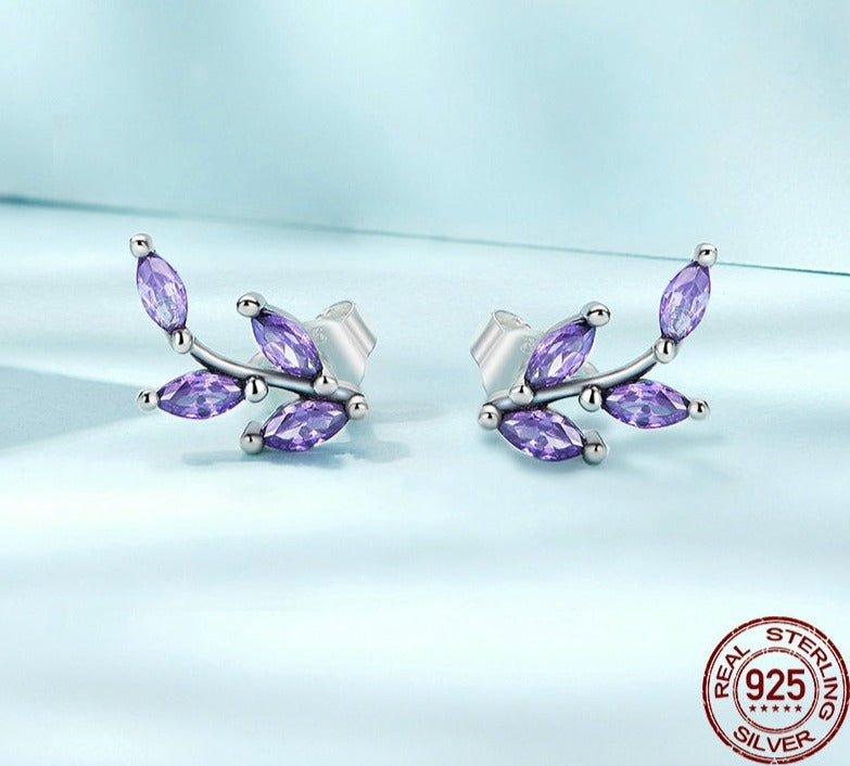 925 Sterling Silver Purple Lavender Flower Stud Earrings