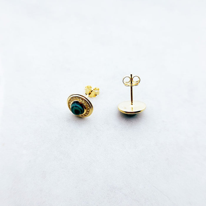 925 Sterling Silver Gold Plated Green Malachite Round Stud Earrings