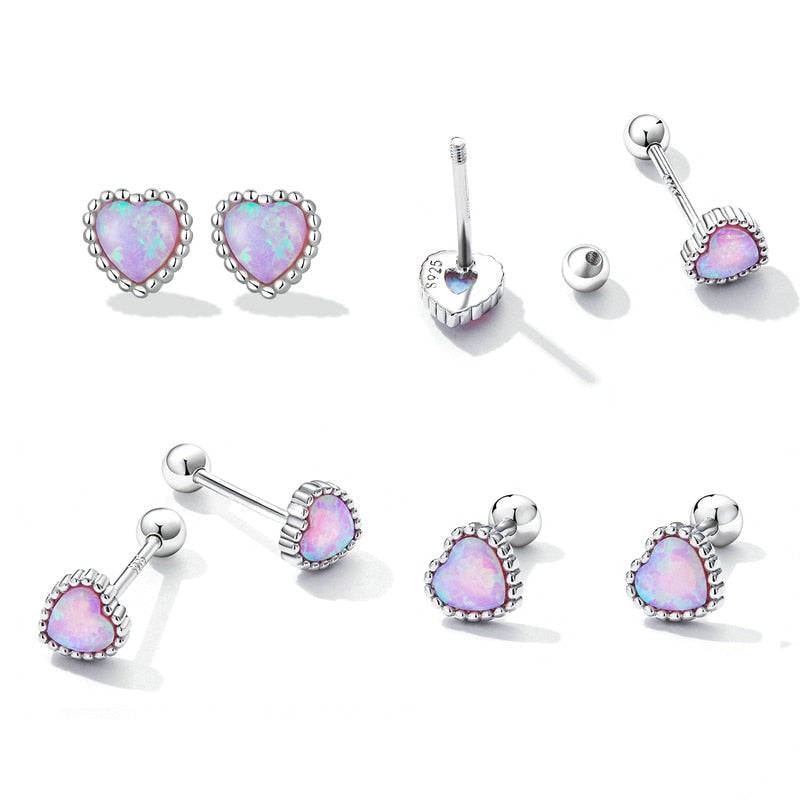 925 Sterling Silver Opal Heart Stud Earrings