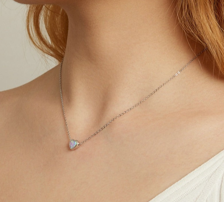 925 Sterling Silver Opal Heart Necklace