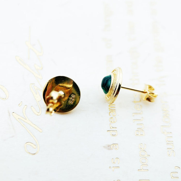 925 Sterling Silver Gold Plated Green Malachite Round Stud Earrings
