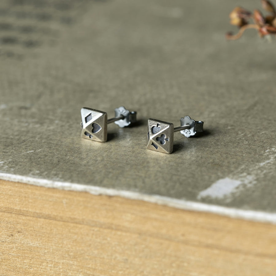 Sterling Silver Oxidized Card Suit Pyramid Stud Earrings