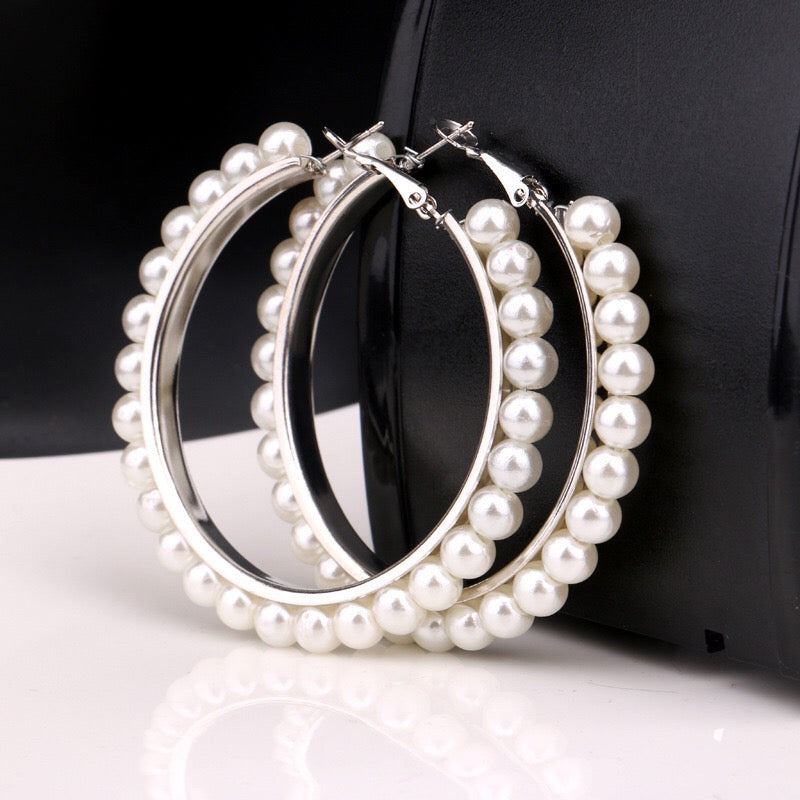 Large Pearl 5cm Hoop Earrings