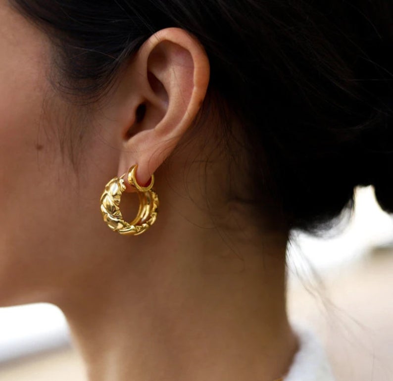 9ct Yellow Gold Filled Textured Huggie Hoop  Earrings
