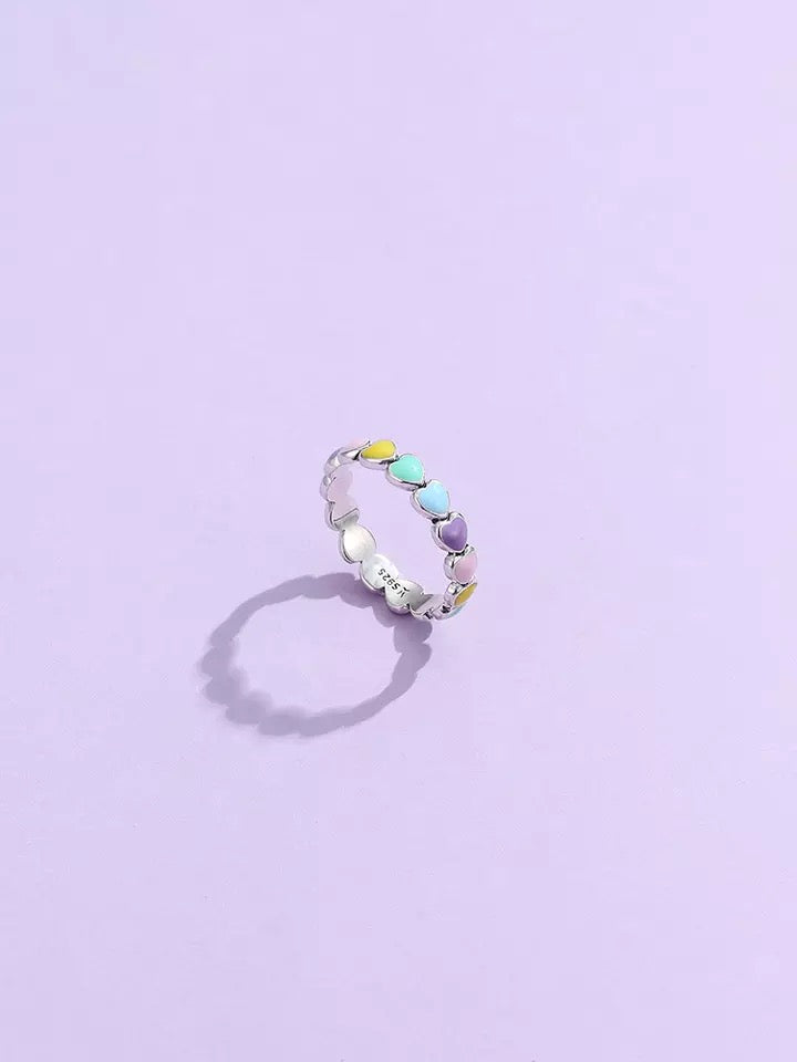 Sterling Silver Rainbow Heart Stackable Ladies Ring
