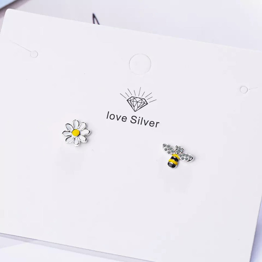 Sterling Silver Bumble Bee & Flower Stud Earrings
