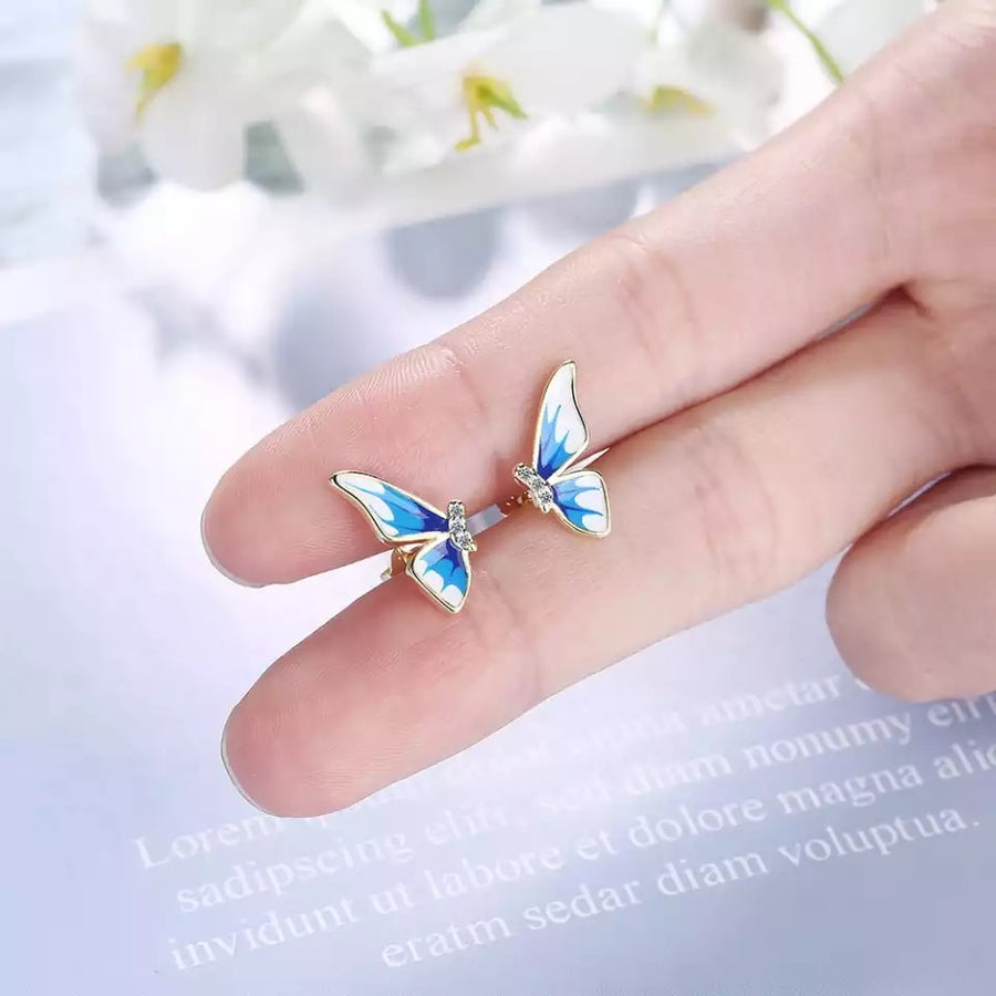 Sterling Silver Blue Butterfly CZ Stud Earrings