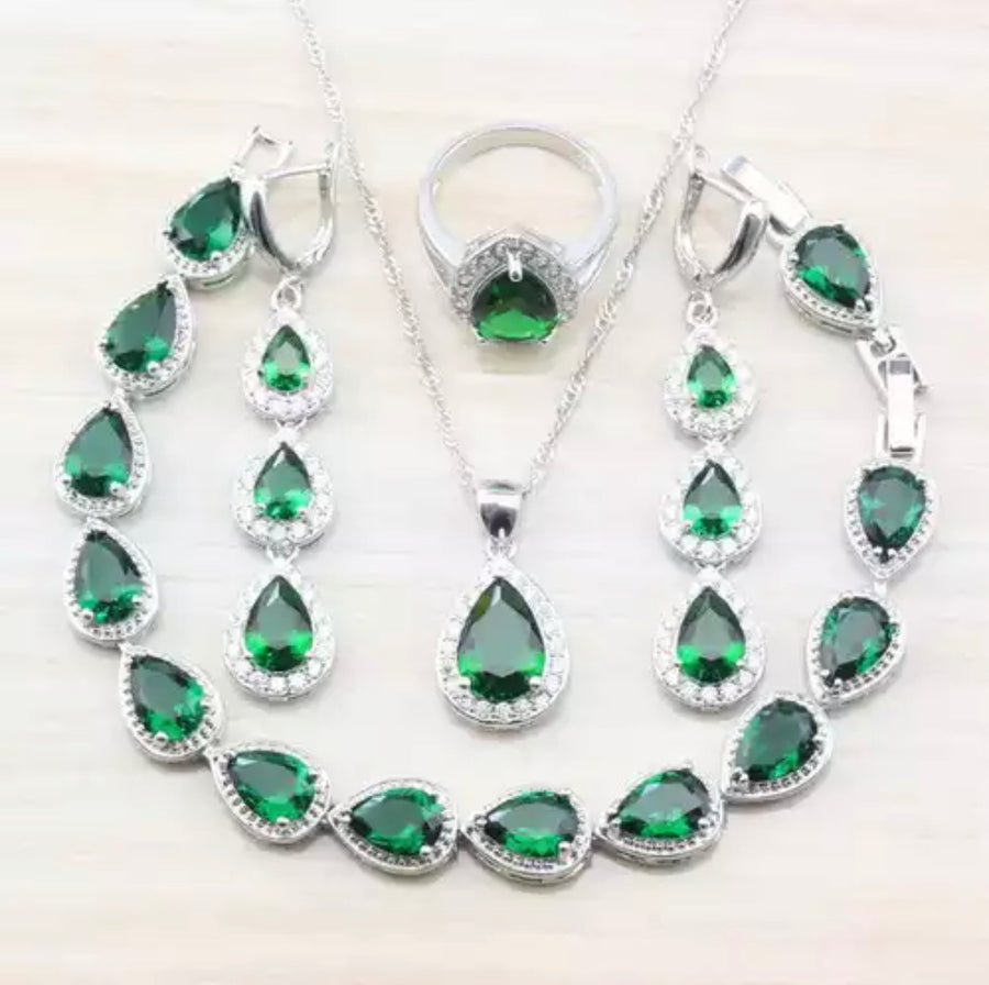925 Sterling Silver Women’s Teardrop Sapphire Jewellery Set