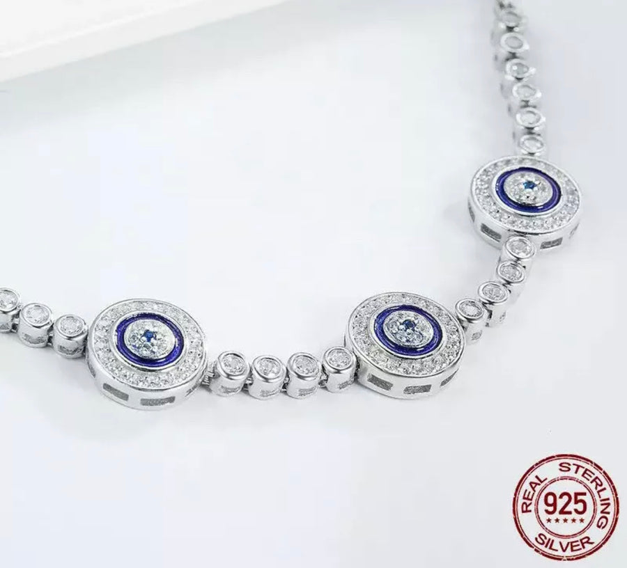 925 Sterling Silver Expandable Lucky Blue Evil Eye Bracelet