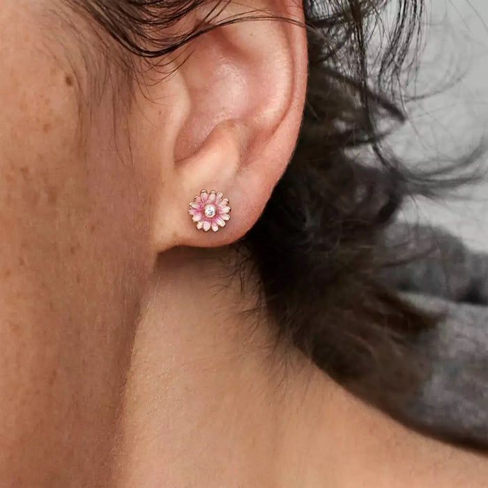 925 Sterling Silver 9ct Rose Gold CZ Crystal Pink Daisy Flower Stud Earrings