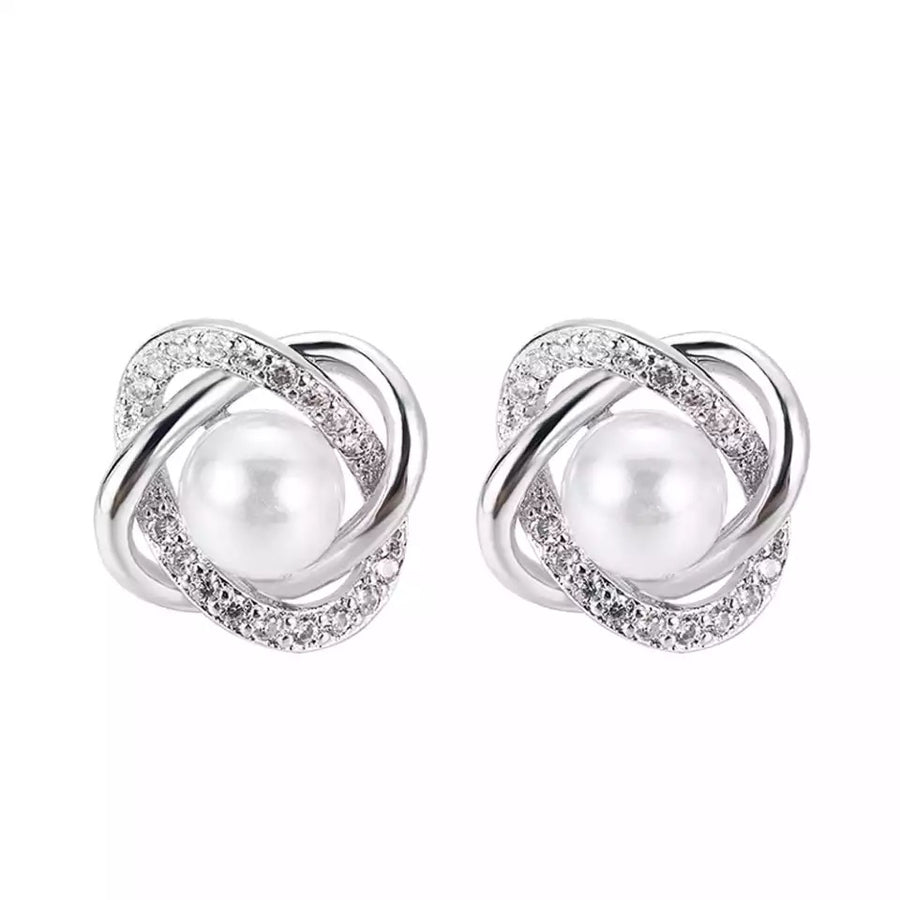 Sterling Silver Flower Pearl Stud Earrings